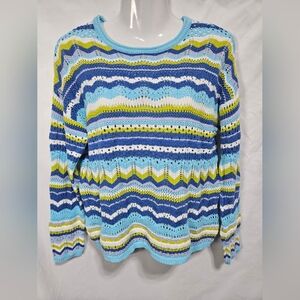GG Collection Crochet Knit Sweater XS Blue Striped OpenKnit Lightweight Pullover